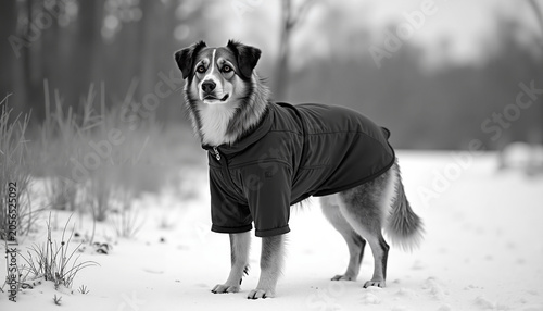 Dog wearing coat standing in snowy forest during winter  