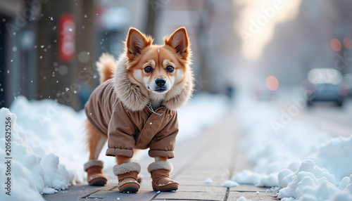 Dog wearing winter coat and boots walking on snowy street  