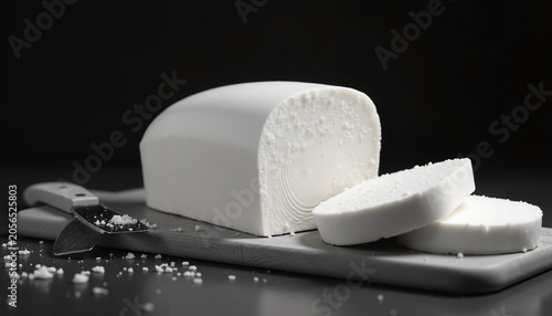 White cheese block sliced on a cutting board with knife  