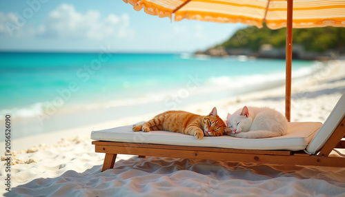 Two cats relaxing under an umbrella on a sunny beach  