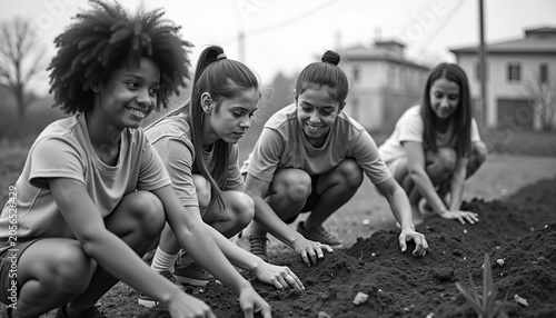 Four girls planting seeds in garden while smiling outdoors  