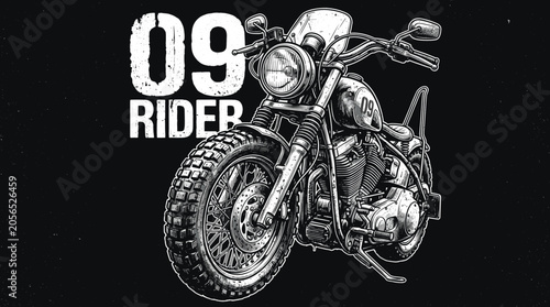 Foto Vintage custom motorcycle vector illustration, 09 Rider typography on black back
