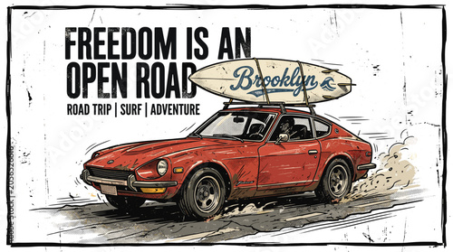 Canvas Print Vintage red sports car with surfboard on roof