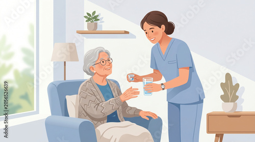 Young caregiver providing glass of water and medicine to senior woman in home care setting
