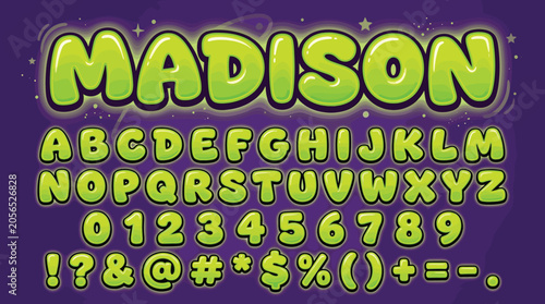 Madison bubble font vector, green cartoon alphabet with numbers and symbols, playful 3d glossy lettering set for kids games and posters