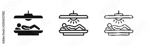 Fotografie Tanning Bed Icon Set, Person in Solarium in Glyph, Outline, and Sketch Styles