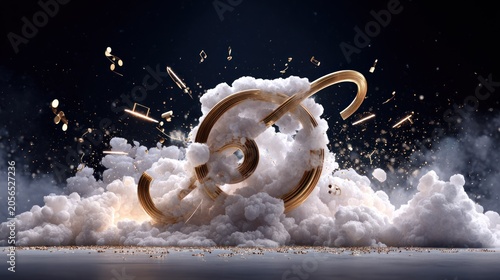 Opulent golden musical symbol emerges dramatically from billowing white clouds against a dark background