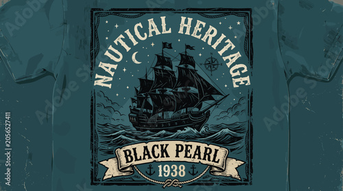Vintage Nautical Heritage T-shirt Design, Retro Black Pearl Sailing Ship Illustration, Distressed Maritime Graphic with Anchor and Compass