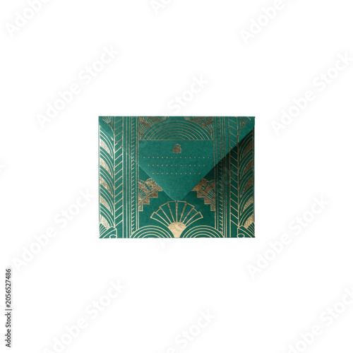 Decorative envelope featuring art deco geometric patterns in emerald green and metallic gold isolated on a transparent background.