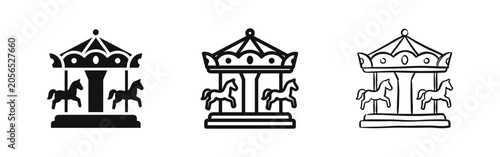 Tableau sur toile Merry-go-round or carousel icon set, depicting an amusement park ride in solid, outline, and hand-drawn versions