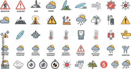 Cuadro en lienzo Extreme Weather Hazards and Emergency Warning Vector Icon Collection with Storm
