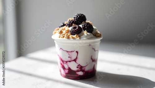 Frozen yogurt with blackberry topping in a clear cup on table  