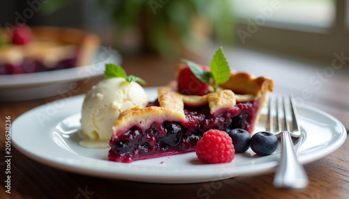 Delicious berry pie slice with ice cream and fresh mint on plate  
