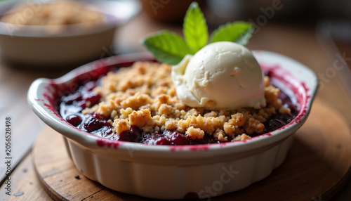 Fresh berry crumble dessert with ice cream and mint garnish