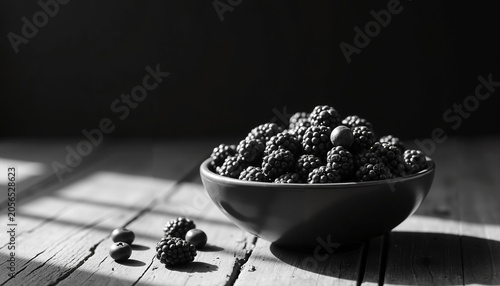 Bowl of blackberries on wooden table with shadows in monochrome  