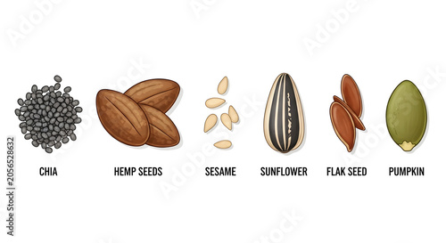 Variety of seeds and nuts including chia, hemp, sesame, sunflower, flax, and pumpkin on display