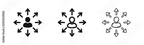 Foto Versatile user or person icon with arrows pointing in all directions, in solid, outline, and hand-drawn styles