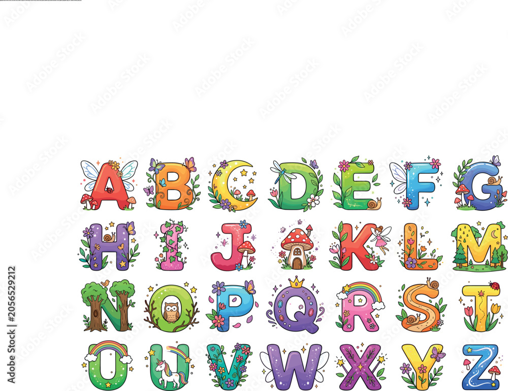 Fototapeta premium Cute Fairy Tale Alphabet Vector Set with Colorful Cartoon Letters Mushroom House Rainbows and Flowers for Kids Birthday Party Posters and Nursery Decor