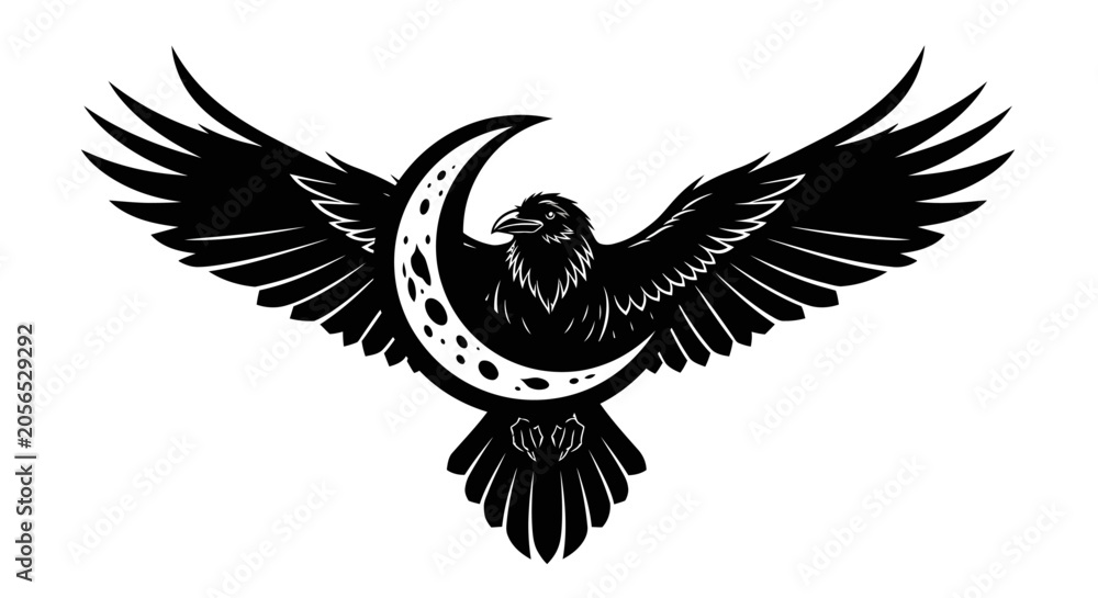 Obraz premium Black bird flying with crescent moon.