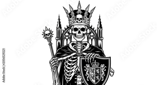 Fotografia Skeleton king with crown and shield.
