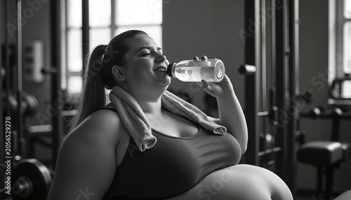 Plus-size woman drinking water while resting in gym after workout  