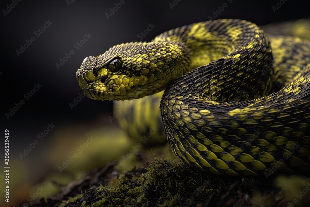 Fototapeta premium A closely coiled venomous snake with vibrant yellow and black scales rests on a moss-covered rock, exuding an aura of natural danger.