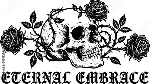 Obraz na plátně Black and white skull with roses.