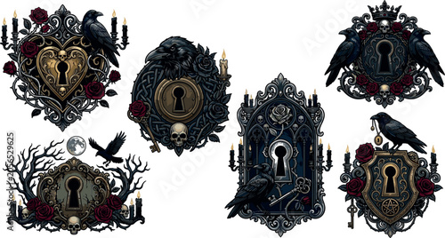 Fotografie Gothic keyhole vector icon set featuring ornate dark frames raven crows skulls red roses and candles for spooky halloween or fantasy designs