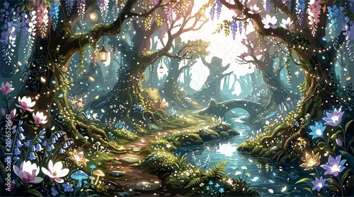 Foto Enchanted forest vector background with magical glowing lights winding path river blooming wisteria flowers and ancient fairy tale trees for fantasy illustrations