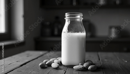 Milk bottle with almonds on wooden table in rustic kitchen  