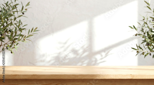 Wooden table top with olive tree for Mediterranean home product display mockup and digital advertising web banner.