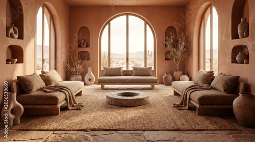 Desert-inspired meditation room interior, warm terracotta walls, sandstone flooring, natural woven rugs, low-profile seating, soft sunlight, organic shapes, luxury wellness retreat atmosphere, premium
