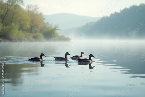 Ducks swimming in morning fog on calm river with lush greenery  