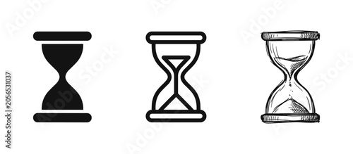 Sand Hourglass Icons - Time Passing Symbols in Flat, Outline and Sketched Styles