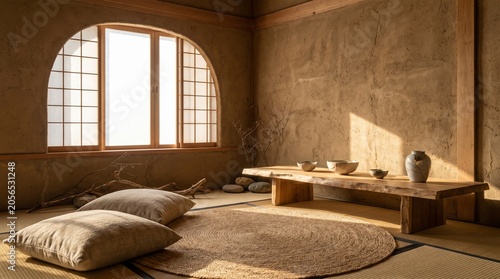 Japanese Wabi-Sabi inspired meditation room, textured clay walls, handcrafted ceramic decor, natural wood furniture, floor seating arrangement, warm sunlight, imperfect organic beauty, minimalist well