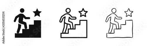 Career success icon set showing man climbing stairs to a star in three graphic styles