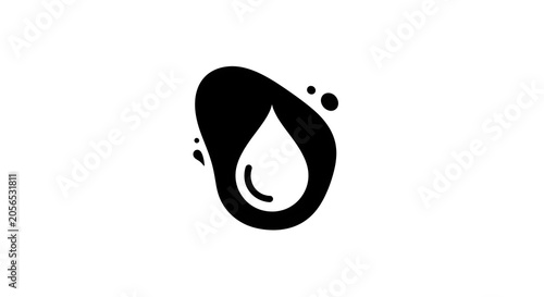 Minimalist black and white vector illustration of a stylized liquid drop, symbolizing purity, natural essence, and hydration, within an abstract organic shape