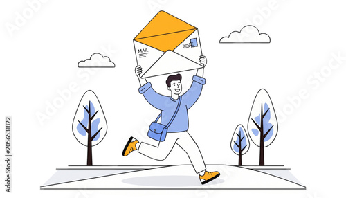 Happy postman running in park and delivering large envelope for email marketing and fast newsletter notification concept