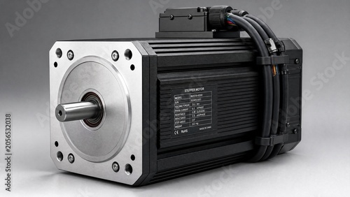 Large industrial stepper motor with metallic housing and bundled cables.