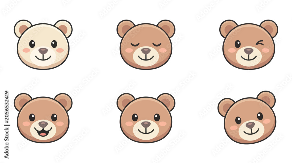 Obraz premium Cute Teddy Bear Faces Set: Happy, Winking, Sleepy, Smiling Icons