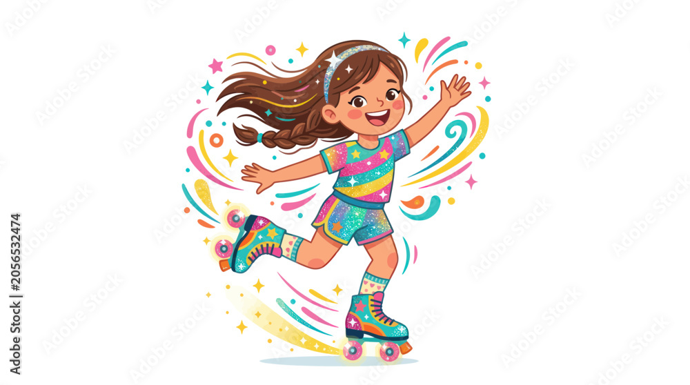 Fototapeta premium Happy Girl Roller Skating with Colorful Swirls and Stars