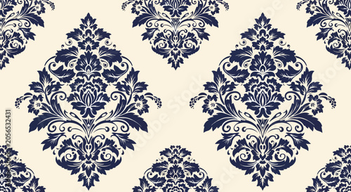 Vintage inspired damask wallpaper with detailed flowers and scroll accents
