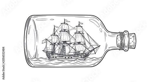 Schilderij op canvas Hand-drawn sailing ship in a bottle, vintage illustration, nautical concept