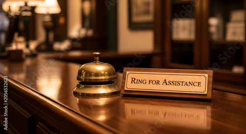 Classic brass service bell with ring for assistance sign on wooden reception desk