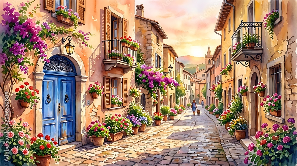 Fototapeta premium A serene Italian town street scene with vibrant flowers and a blue door