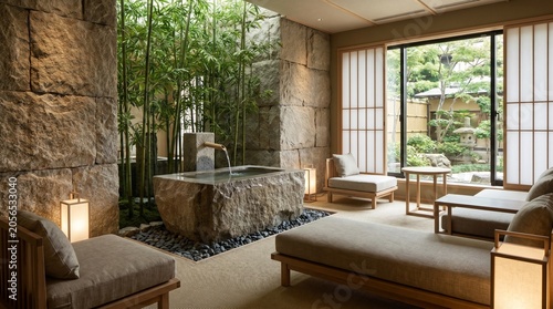 Zen relaxation room featuring stone elements, indoor bamboo garden, calming earth-tone palette (1)