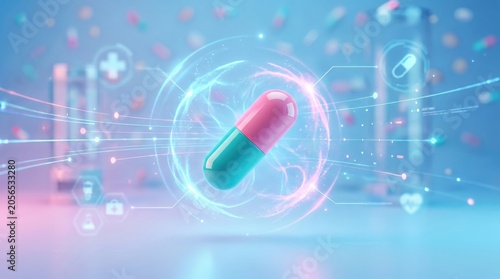 A digital capsule with glowing effects, representing modern medicine and technology in healthcare.