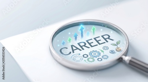 A magnifying glass highlighting the concept of career growth with gears and upward arrows, symbolizing opportunity.