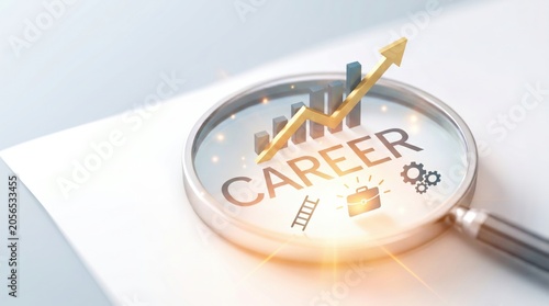 A magnifying glass highlighting the word 'Career' with a rising graph, symbolizing professional growth and success.