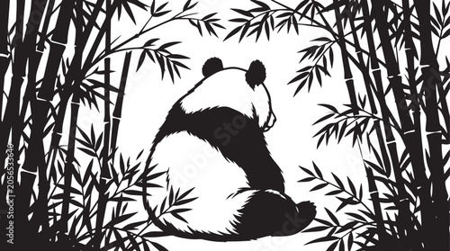 Foto Silhouette of a panda sitting calmly among tall bamboo stalks in monochrome artw